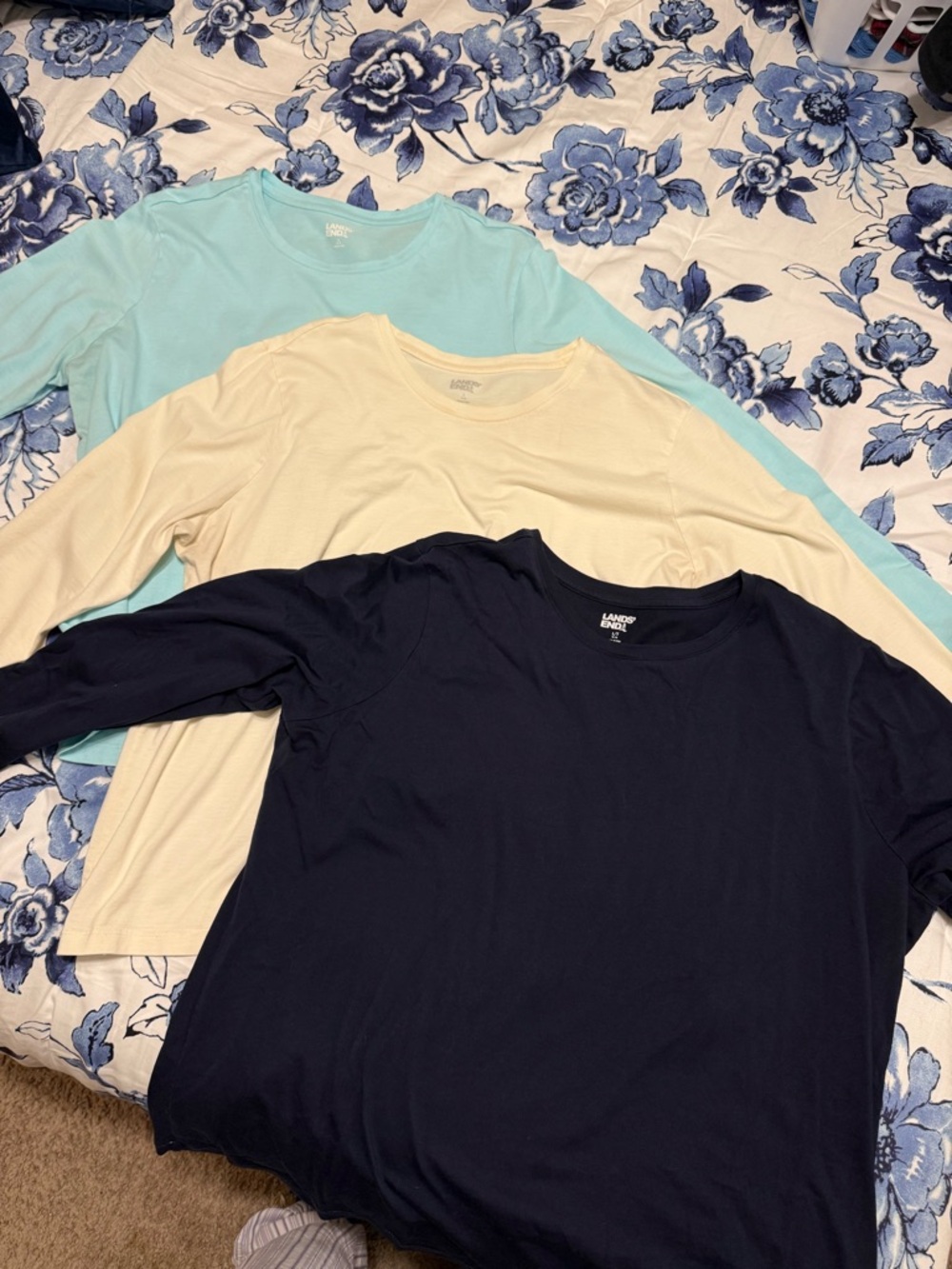 Lands' End Women's Navy, Cream & Aqua Cotton Crewneck Set